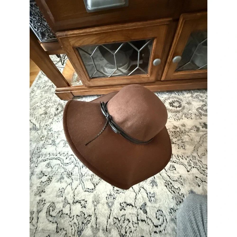 NWT Loft Polyester Hat Brown Felt Faux Leather Band Cowboy Vintage Sz M/L